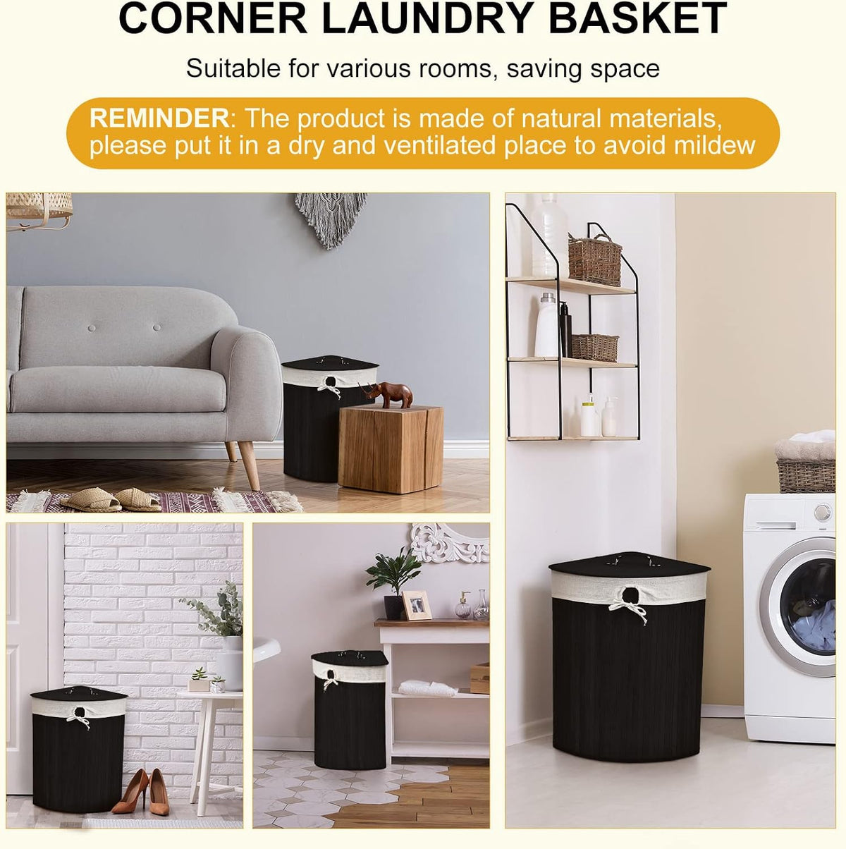 Corner Bamboo Laundry Hamper with Lid and Removable Liner Corner Bamboo Laundry Basket with Handle Washing Clothes Basket Storage Bin for Bedroom Bathroom(Brown,Vertical Slatted)