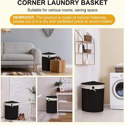 Corner Bamboo Laundry Hamper with Lid and Removable Liner Corner Bamboo Laundry Basket with Handle Washing Clothes Basket Storage Bin for Bedroom Bathroom(Brown,Vertical Slatted)