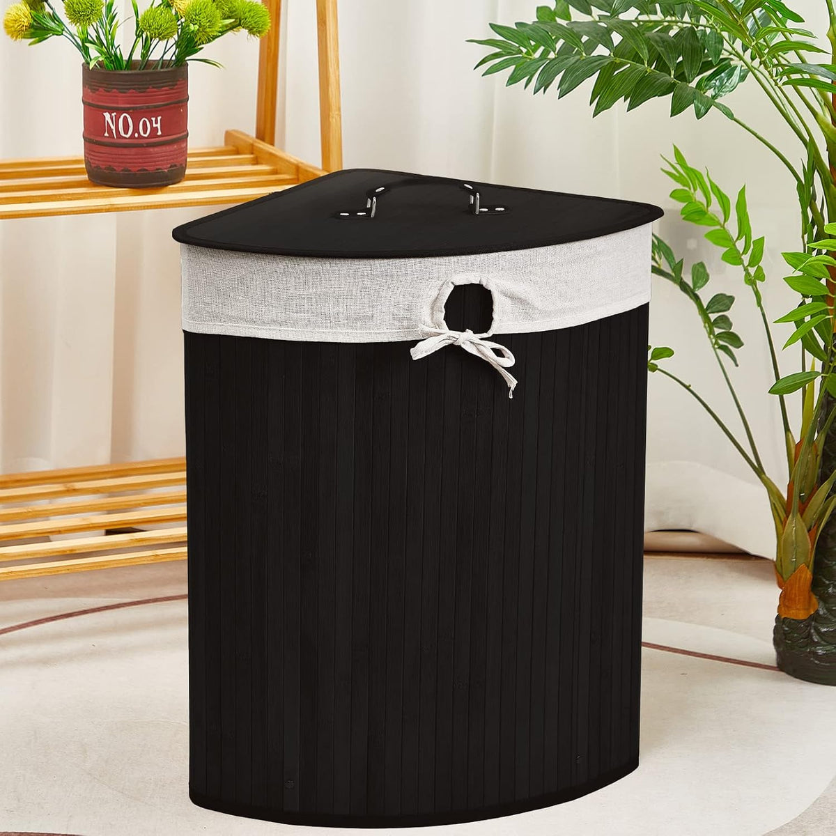 Corner Bamboo Laundry Hamper with Lid and Removable Liner Corner Bamboo Laundry Basket with Handle Washing Clothes Basket Storage Bin for Bedroom Bathroom(Brown,Vertical Slatted)