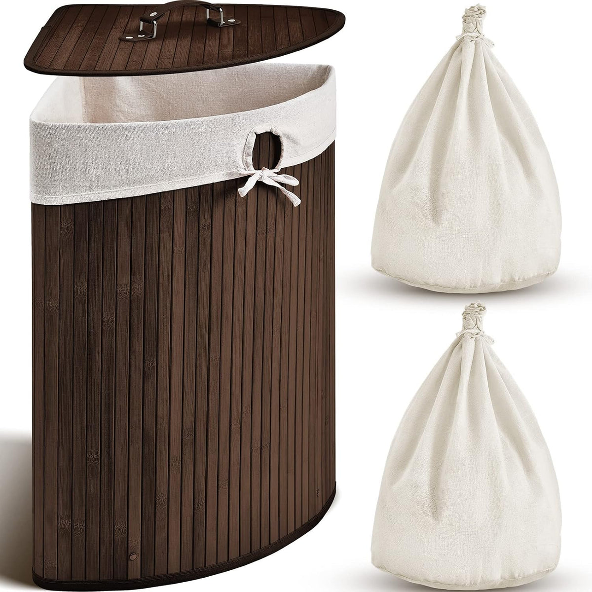 Corner Bamboo Laundry Hamper with Lid and Removable Liner Corner Bamboo Laundry Basket with Handle Washing Clothes Basket Storage Bin for Bedroom Bathroom(Brown,Vertical Slatted)