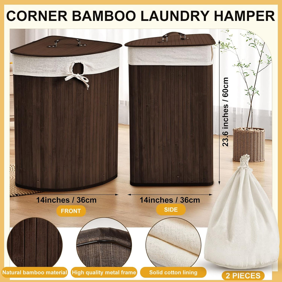 Corner Bamboo Laundry Hamper with Lid and Removable Liner Corner Bamboo Laundry Basket with Handle Washing Clothes Basket Storage Bin for Bedroom Bathroom(Brown,Vertical Slatted)