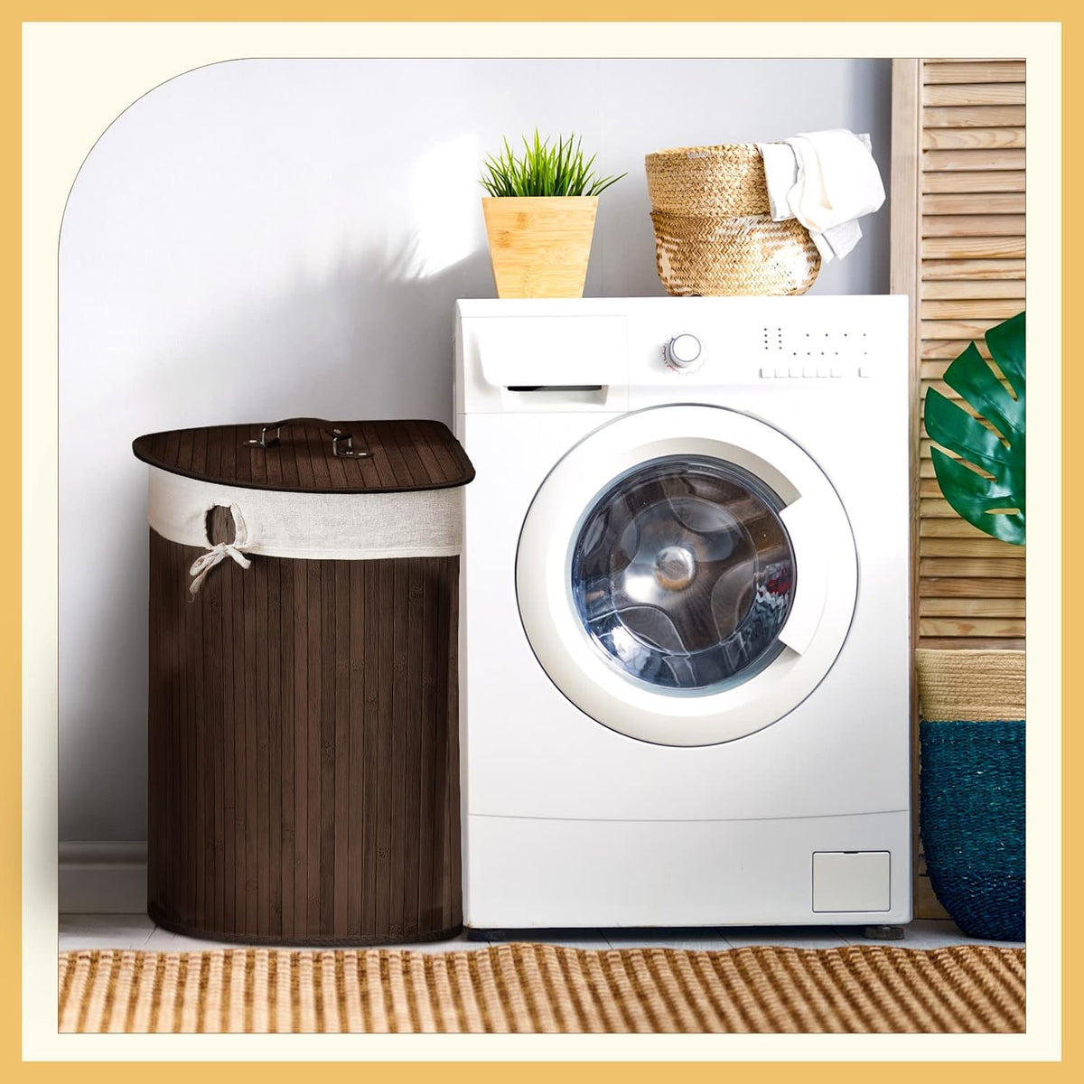 Corner Bamboo Laundry Hamper with Lid and Removable Liner Corner Bamboo Laundry Basket with Handle Washing Clothes Basket Storage Bin for Bedroom Bathroom(Brown,Vertical Slatted)