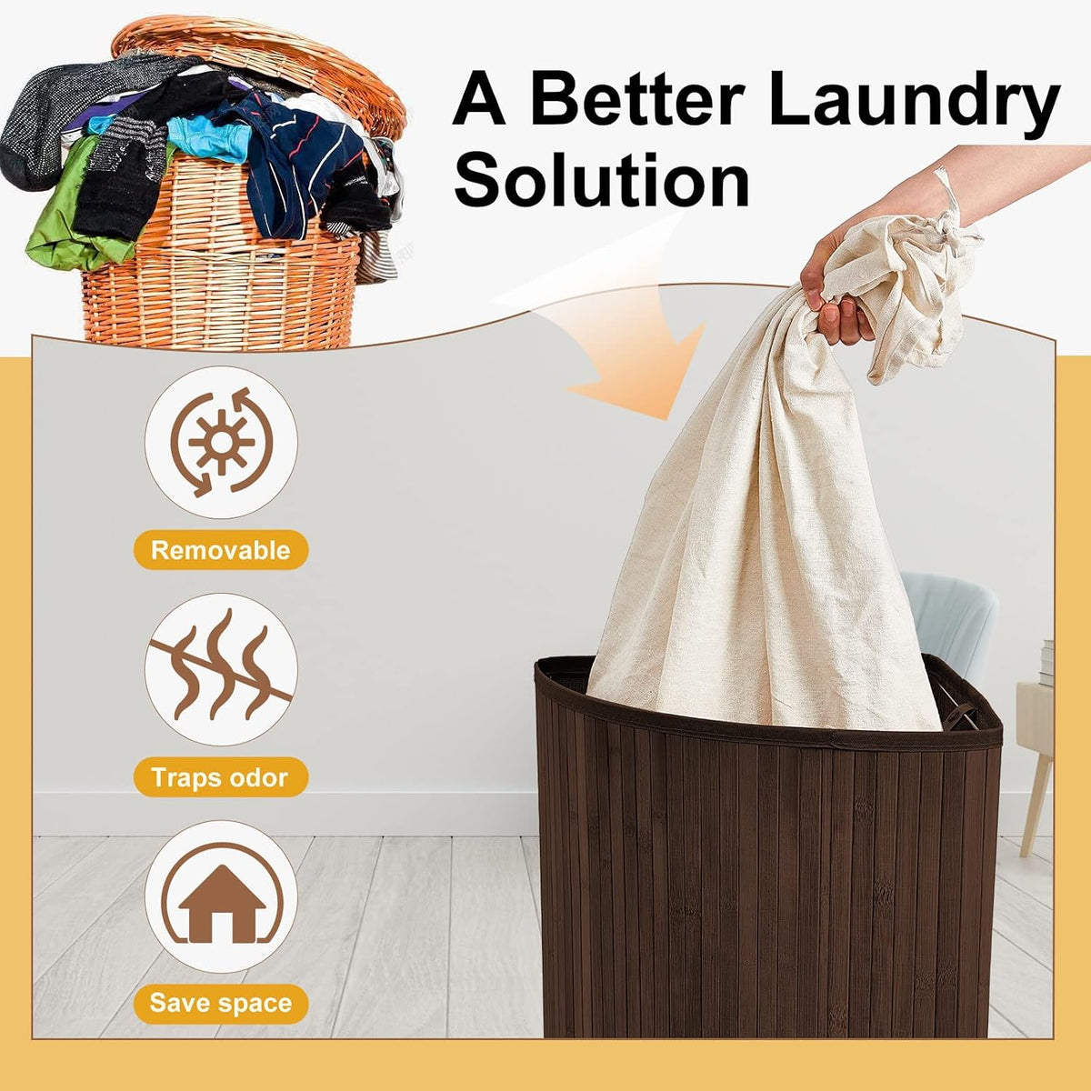 Corner Bamboo Laundry Hamper with Lid and Removable Liner Corner Bamboo Laundry Basket with Handle Washing Clothes Basket Storage Bin for Bedroom Bathroom(Brown,Vertical Slatted)