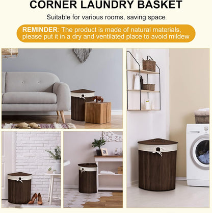 Corner Bamboo Laundry Hamper with Lid and Removable Liner Corner Bamboo Laundry Basket with Handle Washing Clothes Basket Storage Bin for Bedroom Bathroom(Brown,Vertical Slatted)