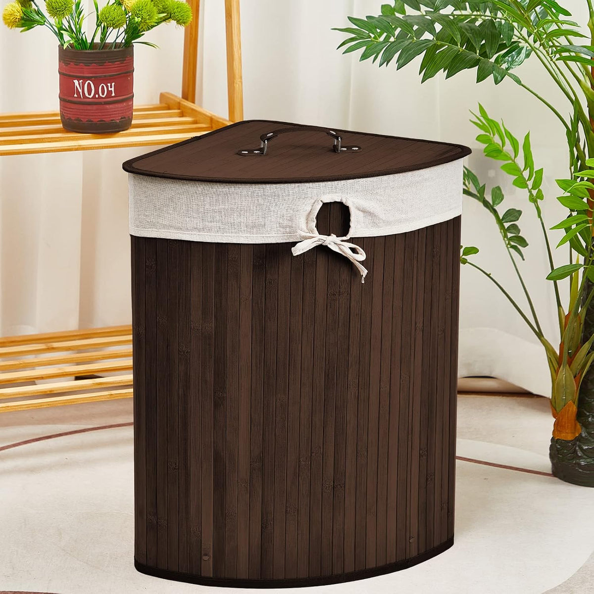 Corner Bamboo Laundry Hamper with Lid and Removable Liner Corner Bamboo Laundry Basket with Handle Washing Clothes Basket Storage Bin for Bedroom Bathroom(Brown,Vertical Slatted)
