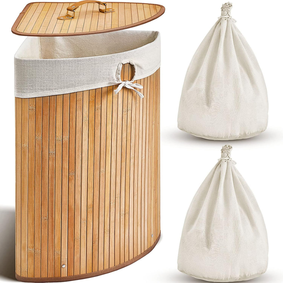 Corner Bamboo Laundry Hamper with Lid and Removable Liner Corner Bamboo Laundry Basket with Handle Washing Clothes Basket Storage Bin for Bedroom Bathroom(Brown,Vertical Slatted)