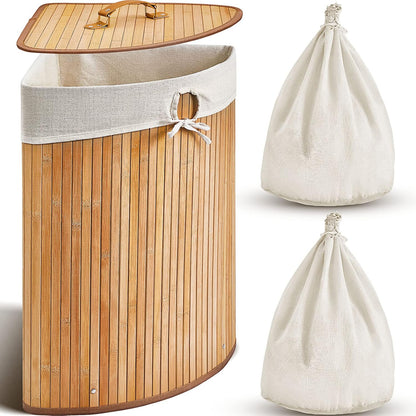 Corner Bamboo Laundry Hamper with Lid and Removable Liner Corner Bamboo Laundry Basket with Handle Washing Clothes Basket Storage Bin for Bedroom Bathroom(Brown,Vertical Slatted)