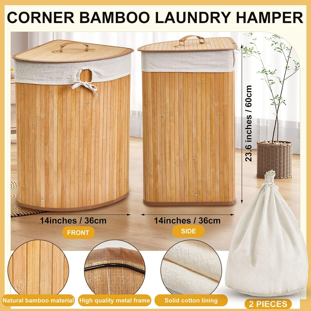 Corner Bamboo Laundry Hamper with Lid and Removable Liner Corner Bamboo Laundry Basket with Handle Washing Clothes Basket Storage Bin for Bedroom Bathroom(Brown,Vertical Slatted)