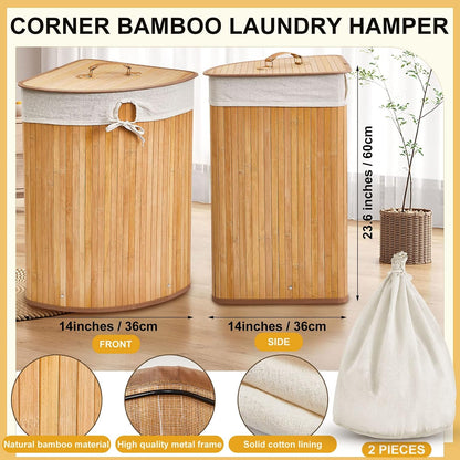Corner Bamboo Laundry Hamper with Lid and Removable Liner Corner Bamboo Laundry Basket with Handle Washing Clothes Basket Storage Bin for Bedroom Bathroom(Brown,Vertical Slatted)