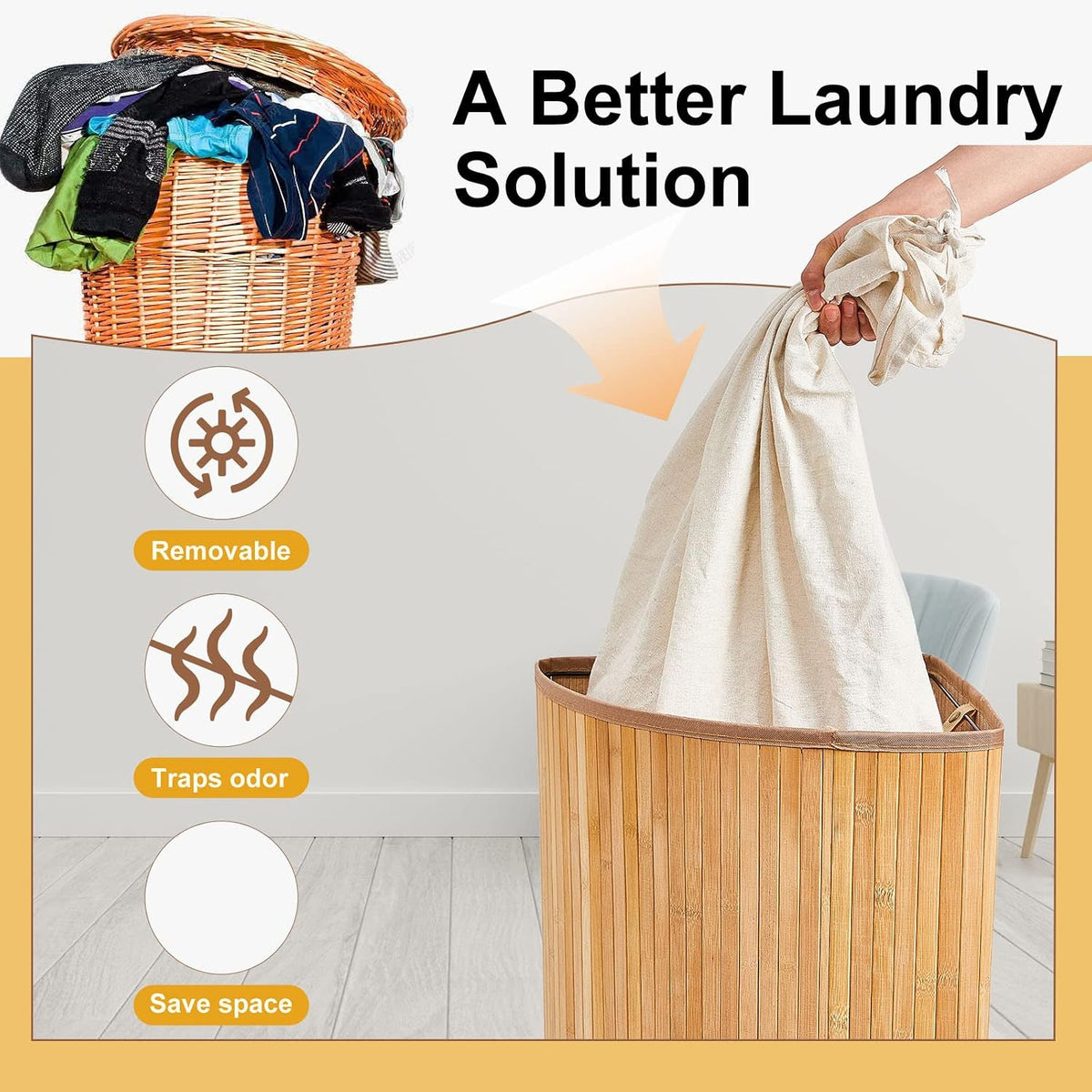 Corner Bamboo Laundry Hamper with Lid and Removable Liner Corner Bamboo Laundry Basket with Handle Washing Clothes Basket Storage Bin for Bedroom Bathroom(Brown,Vertical Slatted)