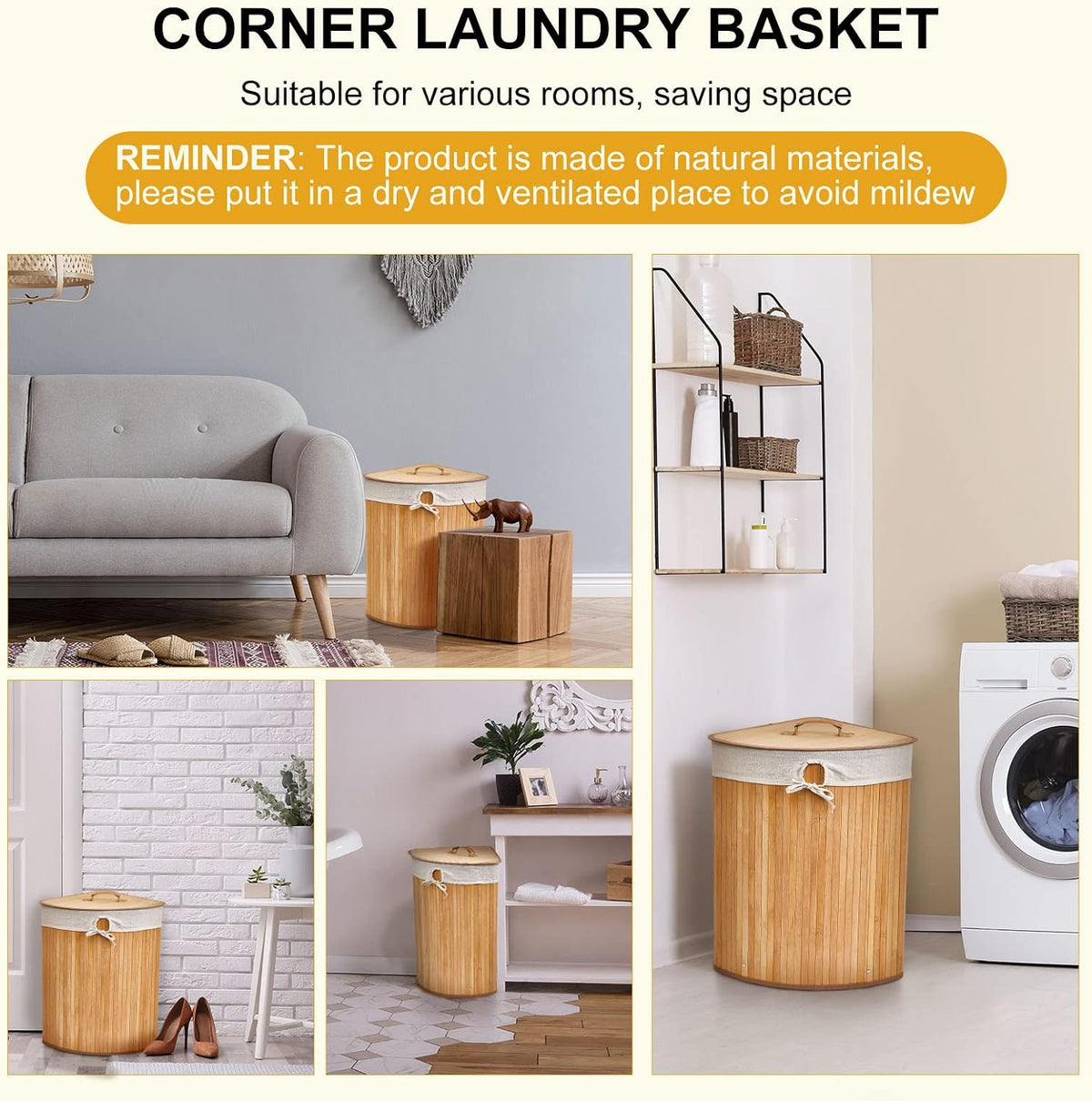 Corner Bamboo Laundry Hamper with Lid and Removable Liner Corner Bamboo Laundry Basket with Handle Washing Clothes Basket Storage Bin for Bedroom Bathroom(Brown,Vertical Slatted)