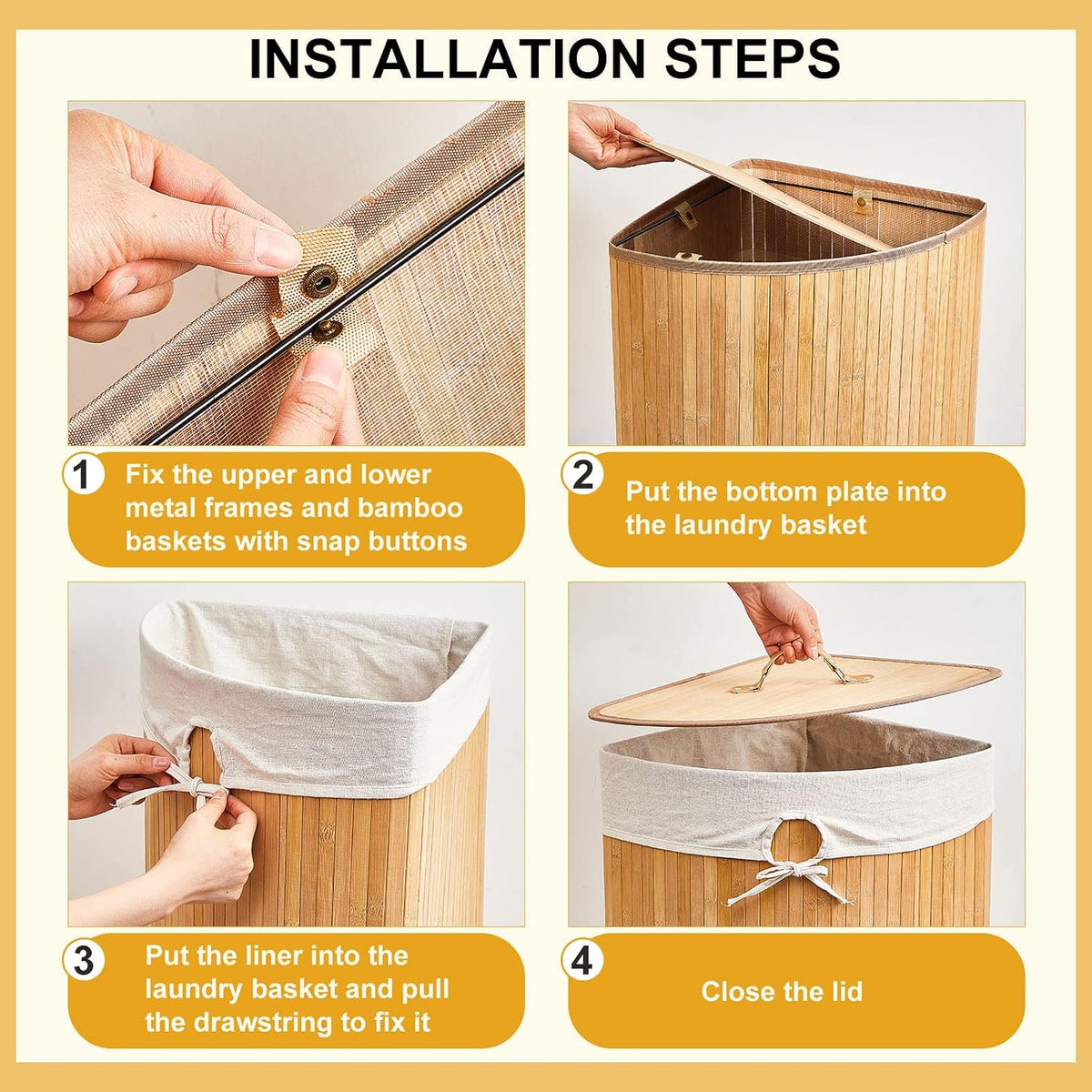 Corner Bamboo Laundry Hamper with Lid and Removable Liner Corner Bamboo Laundry Basket with Handle Washing Clothes Basket Storage Bin for Bedroom Bathroom(Brown,Vertical Slatted)