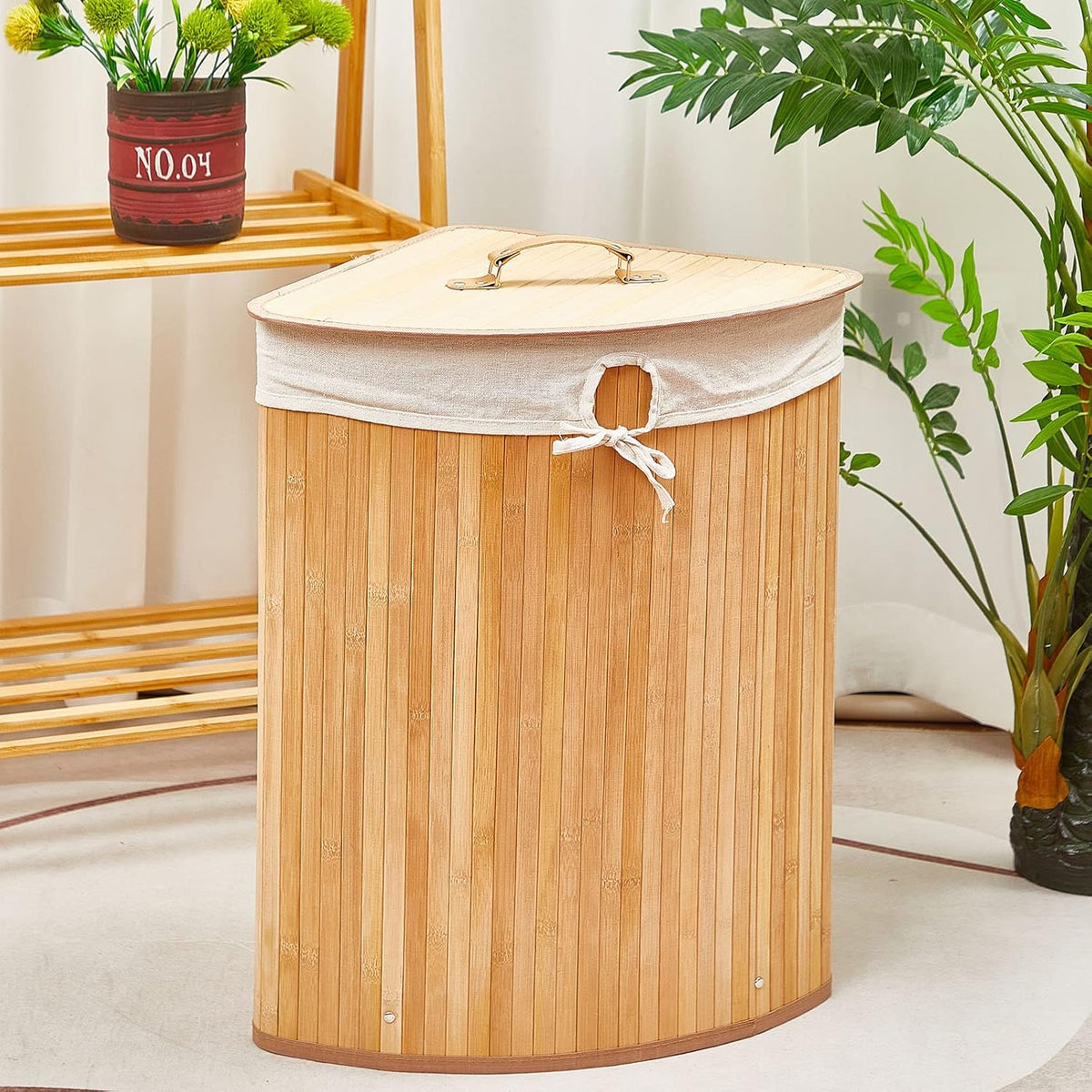 Corner Bamboo Laundry Hamper with Lid and Removable Liner Corner Bamboo Laundry Basket with Handle Washing Clothes Basket Storage Bin for Bedroom Bathroom(Brown,Vertical Slatted)