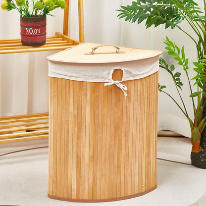 Corner Bamboo Laundry Hamper with Lid and Removable Liner Corner Bamboo Laundry Basket with Handle Washing Clothes Basket Storage Bin for Bedroom Bathroom(Brown,Vertical Slatted)