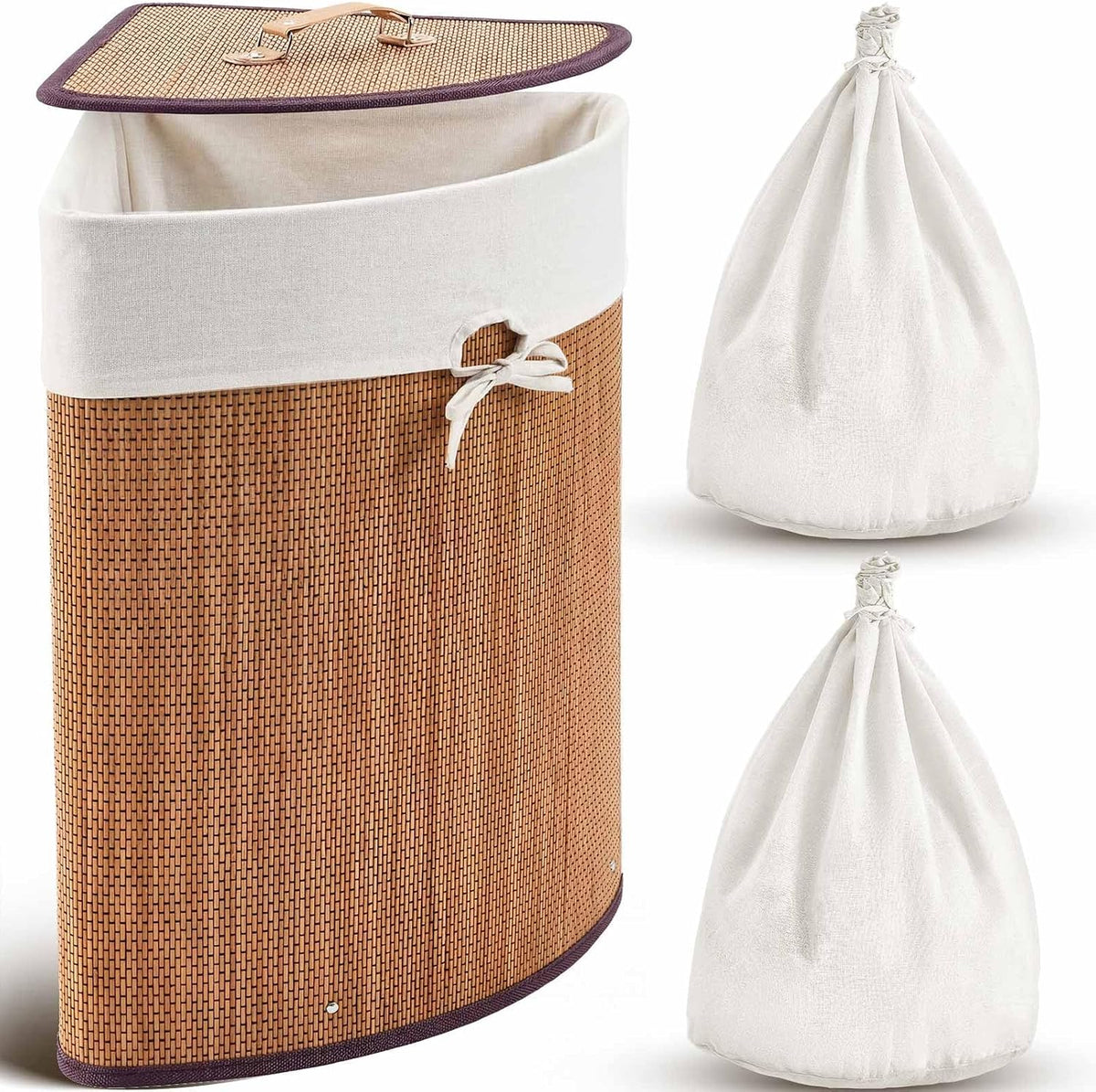 Corner Bamboo Laundry Hamper with Lid and Removable Liner Corner Bamboo Laundry Basket with Handle Washing Clothes Basket Storage Bin for Bedroom Bathroom(Brown,Vertical Slatted)