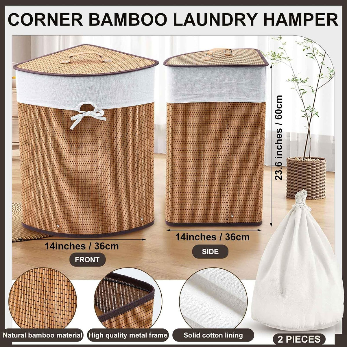 Corner Bamboo Laundry Hamper with Lid and Removable Liner Corner Bamboo Laundry Basket with Handle Washing Clothes Basket Storage Bin for Bedroom Bathroom(Brown,Vertical Slatted)