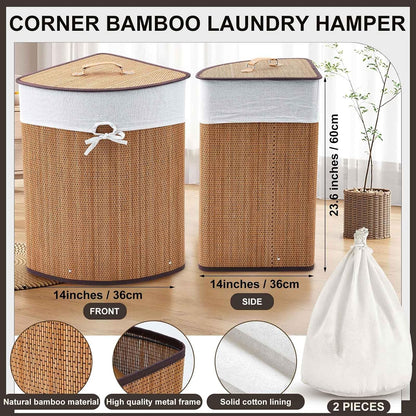 Corner Bamboo Laundry Hamper with Lid and Removable Liner Corner Bamboo Laundry Basket with Handle Washing Clothes Basket Storage Bin for Bedroom Bathroom(Brown,Vertical Slatted)