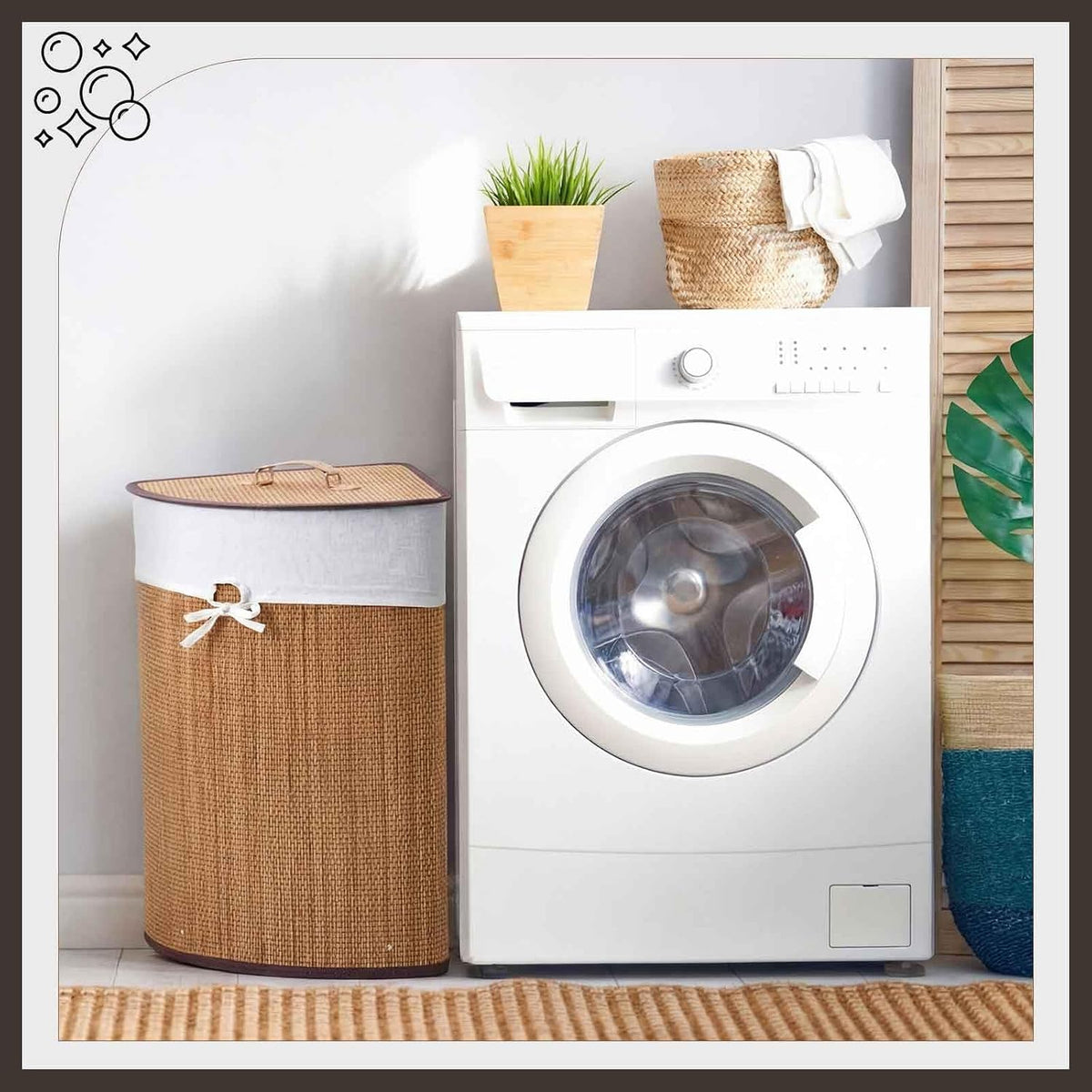Corner Bamboo Laundry Hamper with Lid and Removable Liner Corner Bamboo Laundry Basket with Handle Washing Clothes Basket Storage Bin for Bedroom Bathroom(Brown,Vertical Slatted)