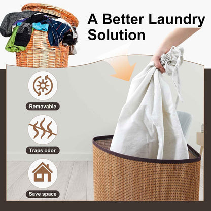 Corner Bamboo Laundry Hamper with Lid and Removable Liner Corner Bamboo Laundry Basket with Handle Washing Clothes Basket Storage Bin for Bedroom Bathroom(Brown,Vertical Slatted)