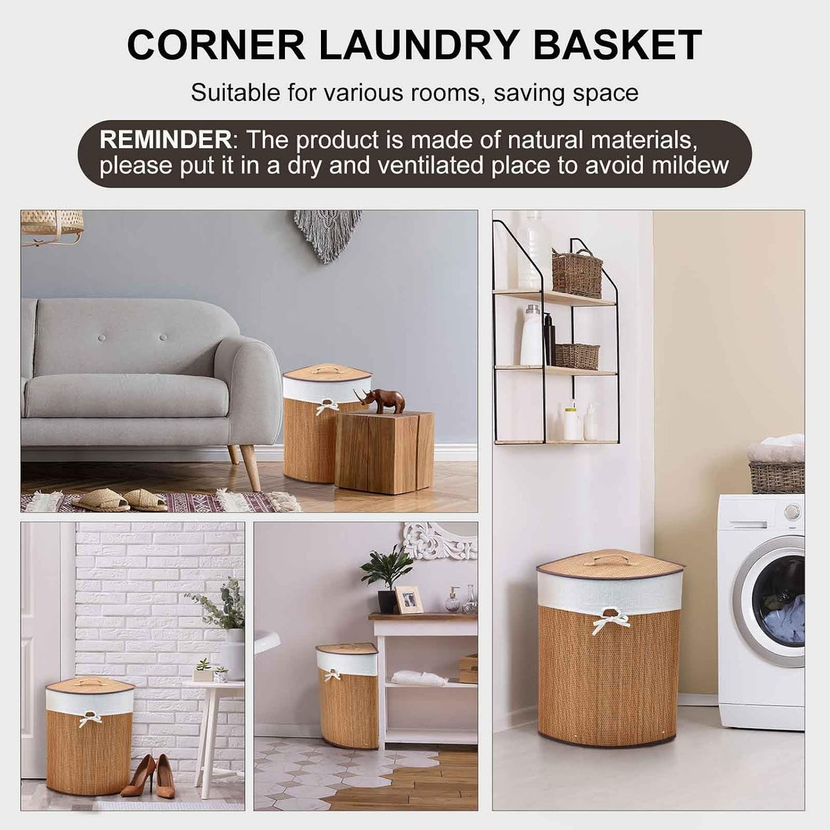 Corner Bamboo Laundry Hamper with Lid and Removable Liner Corner Bamboo Laundry Basket with Handle Washing Clothes Basket Storage Bin for Bedroom Bathroom(Brown,Vertical Slatted)