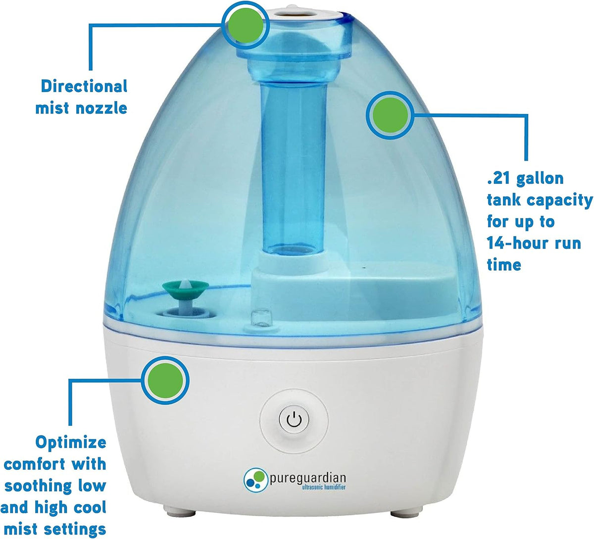H910BL Ultrasonic Cool Mist Humidifier, 14 Hrs. Run Time, 210 Sq. Ft. Coverage, Small Rooms, Quiet, Filter Free