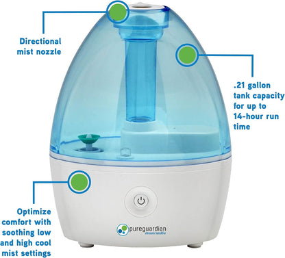 H910BL Ultrasonic Cool Mist Humidifier, 14 Hrs. Run Time, 210 Sq. Ft. Coverage, Small Rooms, Quiet, Filter Free
