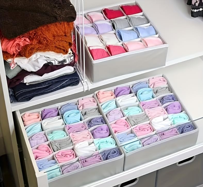 4 Piece Drawer Organiser,Collapsible Non-Woven Sorting Box,Closet Divider For Underwear,Socks,Bras,Ties (Grey)
