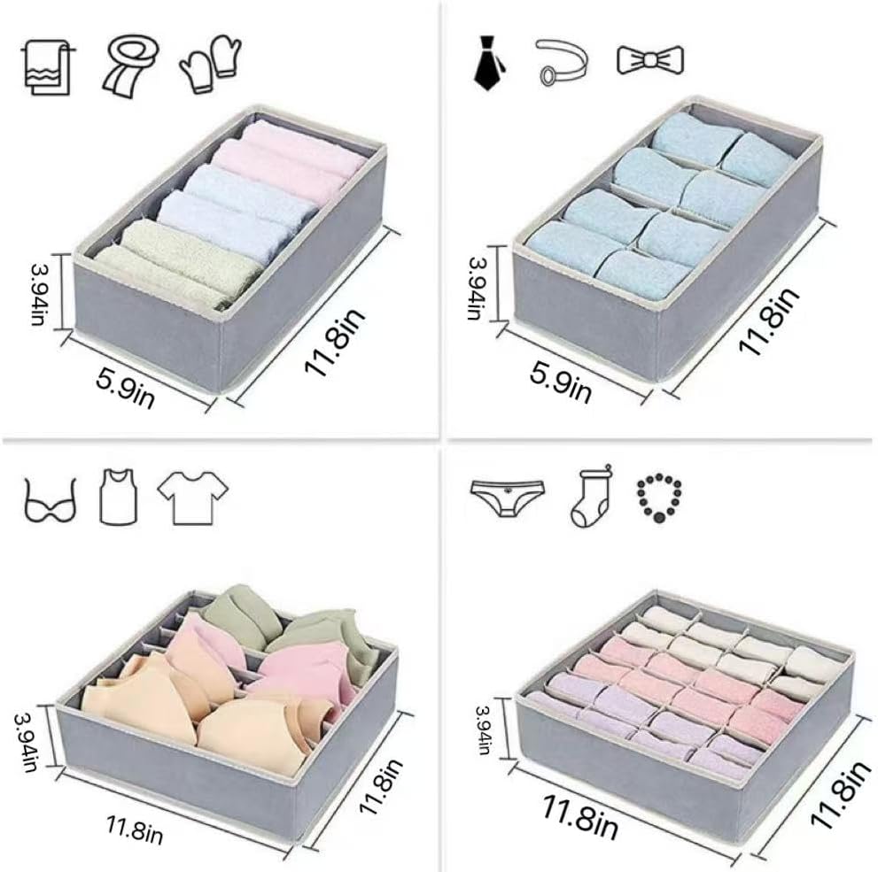 4 Piece Drawer Organiser,Collapsible Non-Woven Sorting Box,Closet Divider For Underwear,Socks,Bras,Ties (Grey)