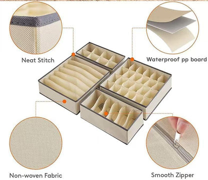 4 Piece Drawer Organiser,Collapsible Non-Woven Sorting Box,Closet Divider For Underwear,Socks,Bras,Ties (Grey)