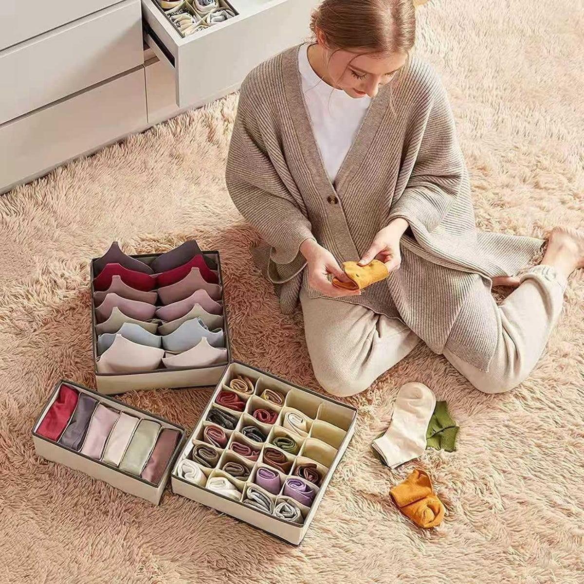 4 Piece Drawer Organiser,Collapsible Non-Woven Sorting Box,Closet Divider For Underwear,Socks,Bras,Ties (Grey)