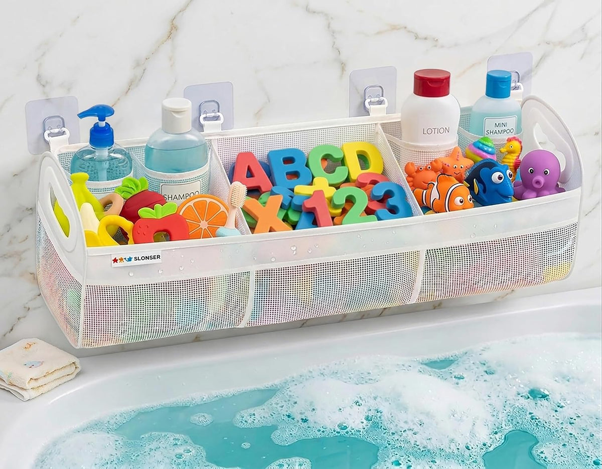 Bath Toy Storage for Bathtub – Large Bath Toy Holder & Bath Toy Net, Kids Bathtub Toy Storage Bag Organizer with 6 Strong Adhesive Hooks, Quick-Dry Mesh Bathroom Toy Holder Basket for Tub & Shower