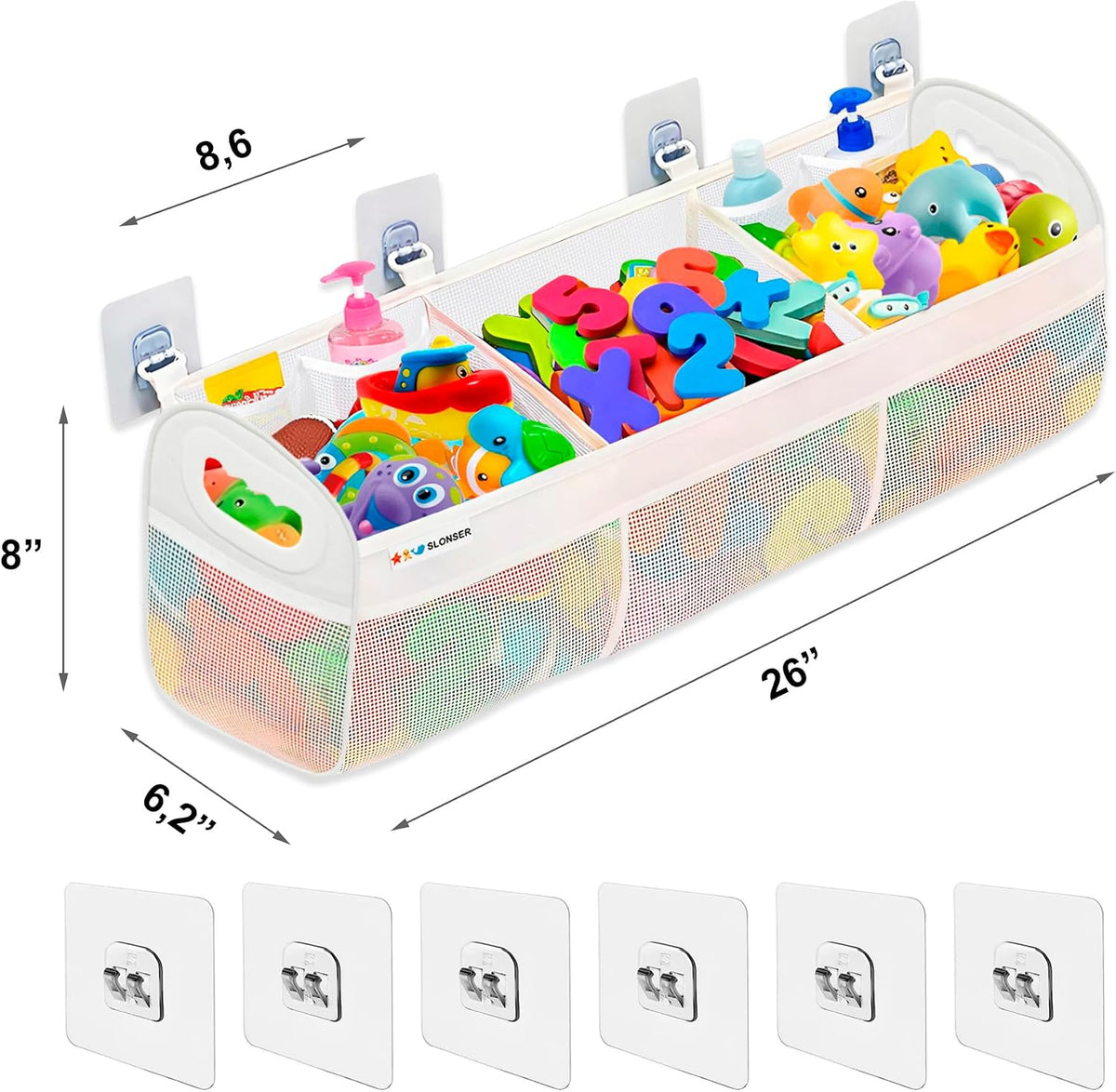 Bath Toy Storage for Bathtub – Large Bath Toy Holder & Bath Toy Net, Kids Bathtub Toy Storage Bag Organizer with 6 Strong Adhesive Hooks, Quick-Dry Mesh Bathroom Toy Holder Basket for Tub & Shower