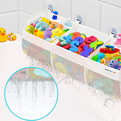 Bath Toy Storage for Bathtub – Large Bath Toy Holder & Bath Toy Net, Kids Bathtub Toy Storage Bag Organizer with 6 Strong Adhesive Hooks, Quick-Dry Mesh Bathroom Toy Holder Basket for Tub & Shower