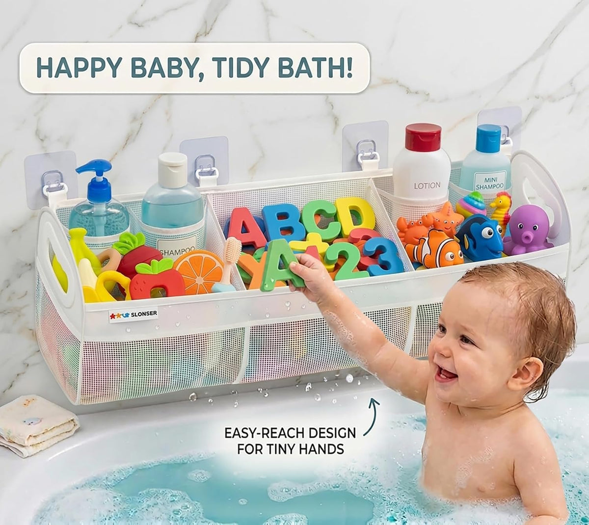 Bath Toy Storage for Bathtub – Large Bath Toy Holder & Bath Toy Net, Kids Bathtub Toy Storage Bag Organizer with 6 Strong Adhesive Hooks, Quick-Dry Mesh Bathroom Toy Holder Basket for Tub & Shower