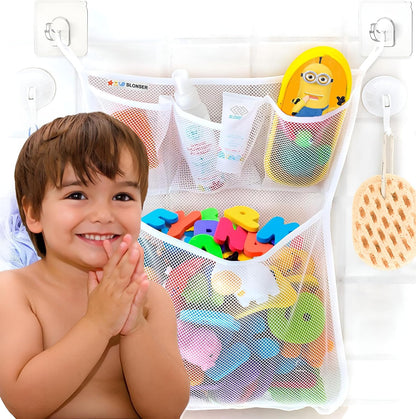 Bath Toy Storage for Bathtub – Large Bath Toy Holder & Bath Toy Net, Kids Bathtub Toy Storage Bag Organizer with 6 Strong Adhesive Hooks, Quick-Dry Mesh Bathroom Toy Holder Basket for Tub & Shower