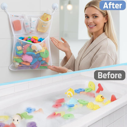 Bath Toy Storage for Bathtub – Large Bath Toy Holder & Bath Toy Net, Kids Bathtub Toy Storage Bag Organizer with 6 Strong Adhesive Hooks, Quick-Dry Mesh Bathroom Toy Holder Basket for Tub & Shower
