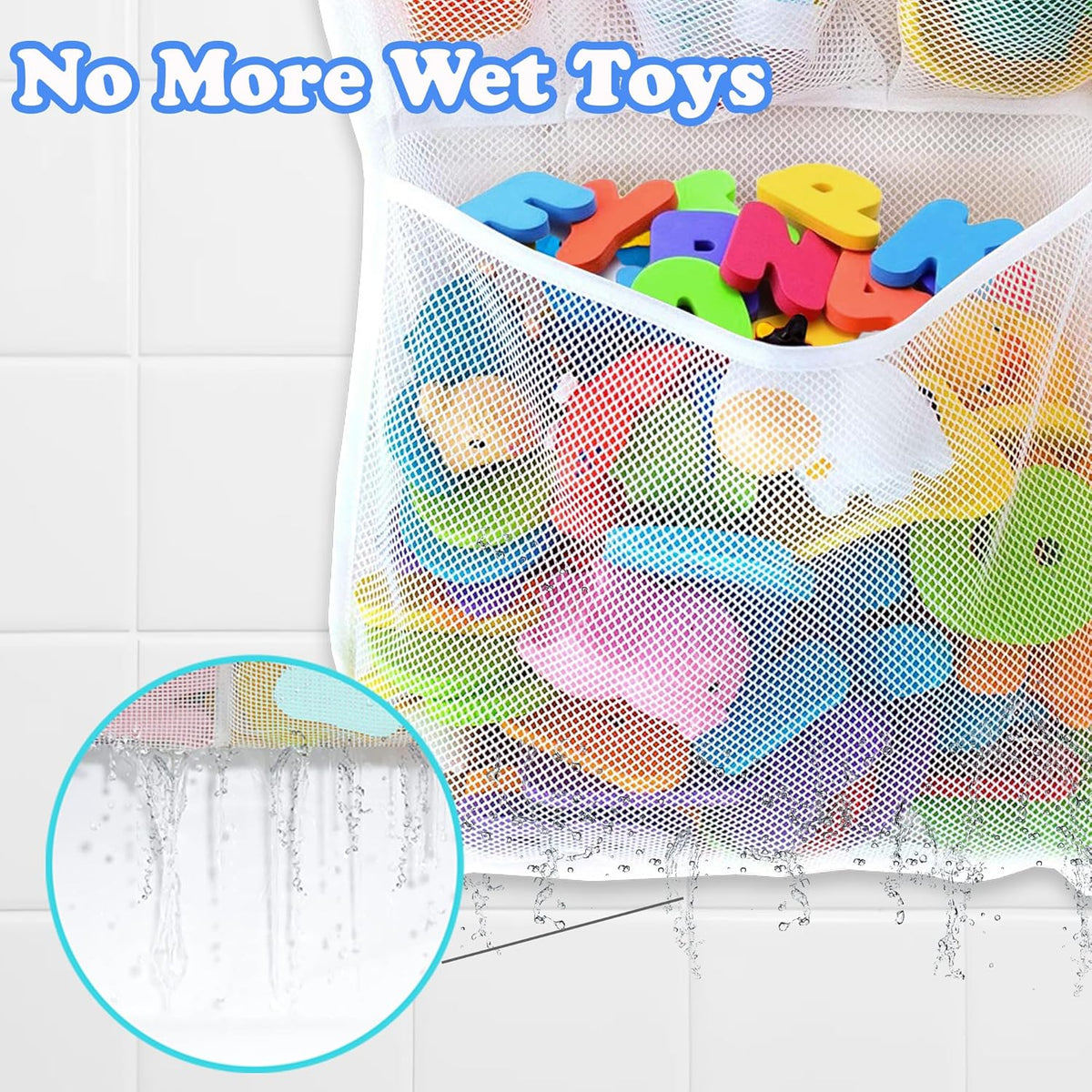 Bath Toy Storage for Bathtub – Large Bath Toy Holder & Bath Toy Net, Kids Bathtub Toy Storage Bag Organizer with 6 Strong Adhesive Hooks, Quick-Dry Mesh Bathroom Toy Holder Basket for Tub & Shower