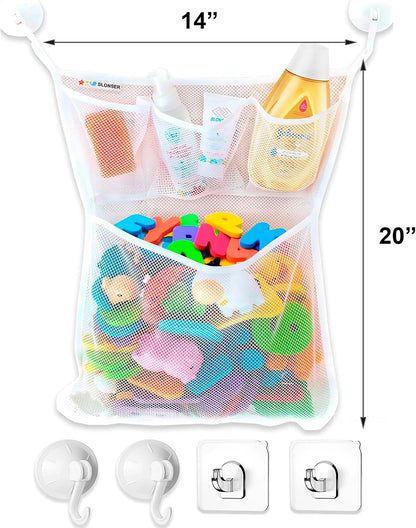 Bath Toy Storage for Bathtub – Large Bath Toy Holder & Bath Toy Net, Kids Bathtub Toy Storage Bag Organizer with 6 Strong Adhesive Hooks, Quick-Dry Mesh Bathroom Toy Holder Basket for Tub & Shower