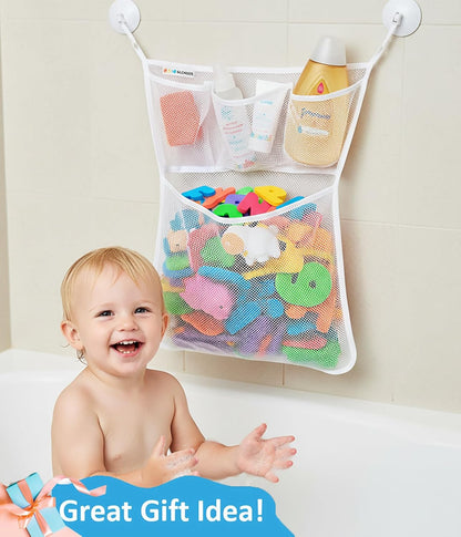 Bath Toy Storage for Bathtub – Large Bath Toy Holder & Bath Toy Net, Kids Bathtub Toy Storage Bag Organizer with 6 Strong Adhesive Hooks, Quick-Dry Mesh Bathroom Toy Holder Basket for Tub & Shower