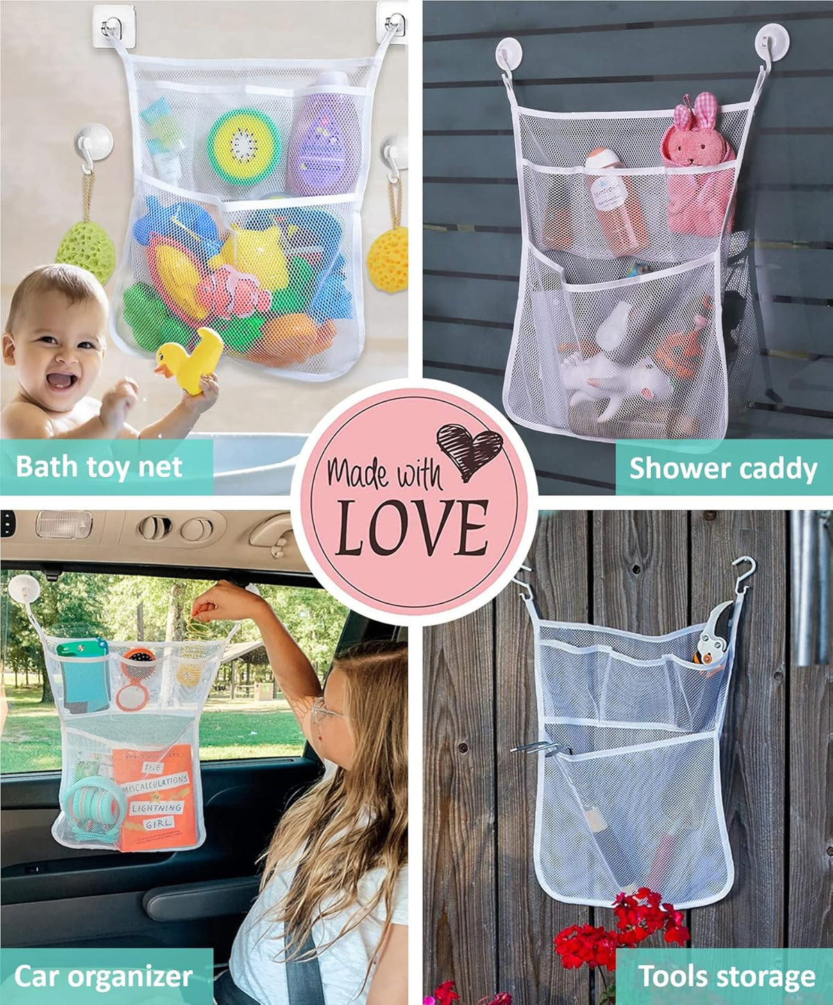Bath Toy Storage for Bathtub – Large Bath Toy Holder & Bath Toy Net, Kids Bathtub Toy Storage Bag Organizer with 6 Strong Adhesive Hooks, Quick-Dry Mesh Bathroom Toy Holder Basket for Tub & Shower