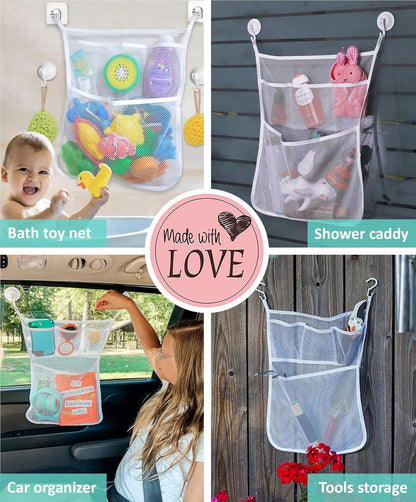 Bath Toy Storage for Bathtub – Large Bath Toy Holder & Bath Toy Net, Kids Bathtub Toy Storage Bag Organizer with 6 Strong Adhesive Hooks, Quick-Dry Mesh Bathroom Toy Holder Basket for Tub & Shower