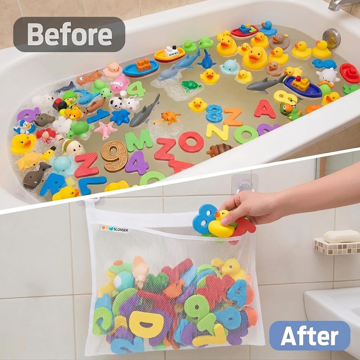 Bath Toy Storage for Bathtub – Large Bath Toy Holder & Bath Toy Net, Kids Bathtub Toy Storage Bag Organizer with 6 Strong Adhesive Hooks, Quick-Dry Mesh Bathroom Toy Holder Basket for Tub & Shower