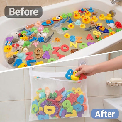 Bath Toy Storage for Bathtub – Large Bath Toy Holder & Bath Toy Net, Kids Bathtub Toy Storage Bag Organizer with 6 Strong Adhesive Hooks, Quick-Dry Mesh Bathroom Toy Holder Basket for Tub & Shower