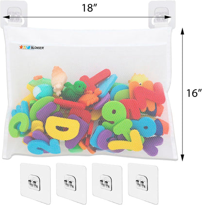Bath Toy Storage for Bathtub – Large Bath Toy Holder & Bath Toy Net, Kids Bathtub Toy Storage Bag Organizer with 6 Strong Adhesive Hooks, Quick-Dry Mesh Bathroom Toy Holder Basket for Tub & Shower