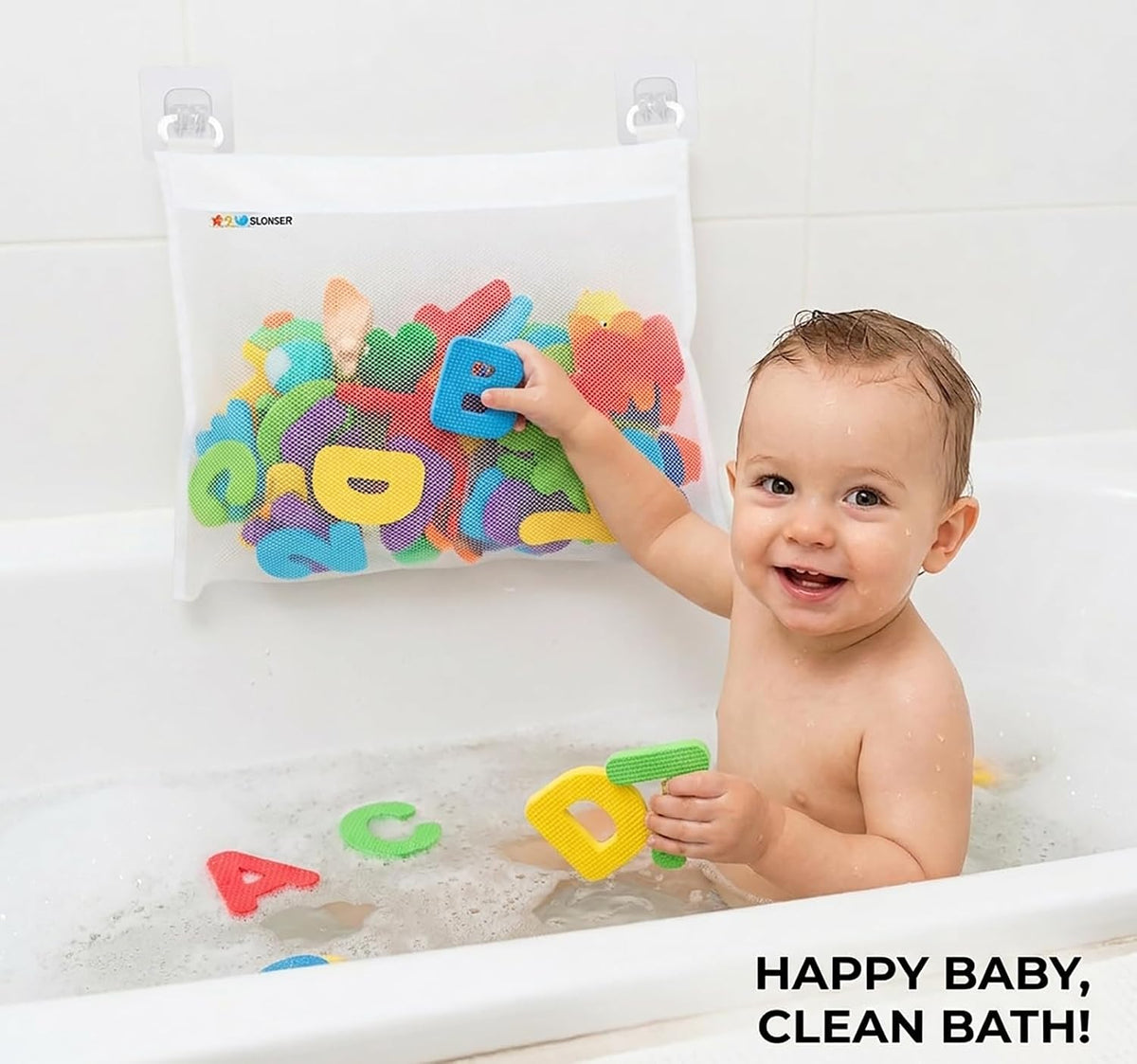 Bath Toy Storage for Bathtub – Large Bath Toy Holder & Bath Toy Net, Kids Bathtub Toy Storage Bag Organizer with 6 Strong Adhesive Hooks, Quick-Dry Mesh Bathroom Toy Holder Basket for Tub & Shower