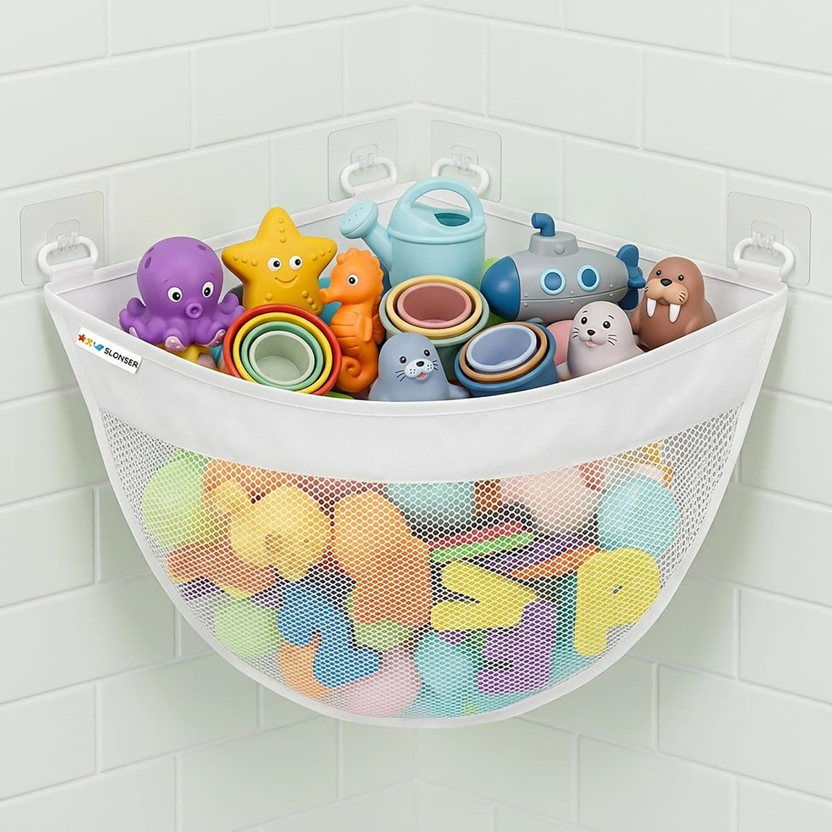 Bath Toy Storage for Bathtub – Large Bath Toy Holder & Bath Toy Net, Kids Bathtub Toy Storage Bag Organizer with 6 Strong Adhesive Hooks, Quick-Dry Mesh Bathroom Toy Holder Basket for Tub & Shower