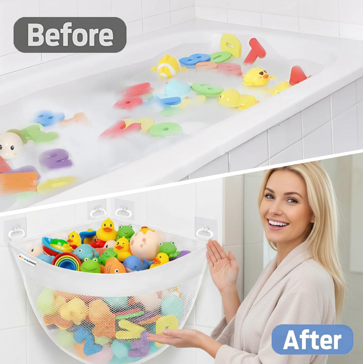 Bath Toy Storage for Bathtub – Large Bath Toy Holder & Bath Toy Net, Kids Bathtub Toy Storage Bag Organizer with 6 Strong Adhesive Hooks, Quick-Dry Mesh Bathroom Toy Holder Basket for Tub & Shower