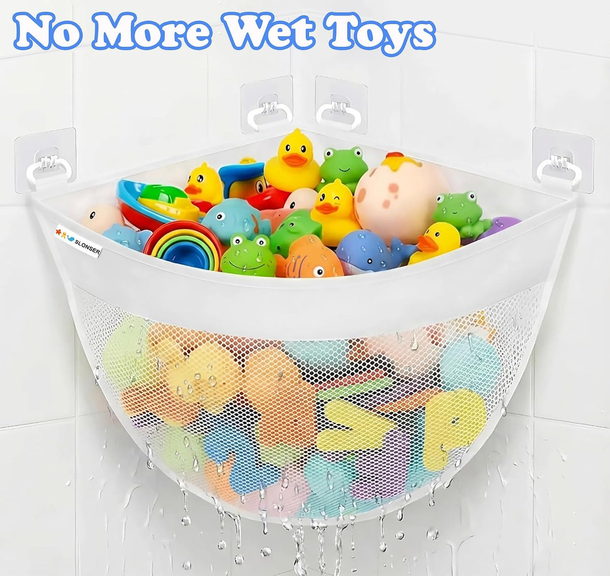Bath Toy Storage for Bathtub – Large Bath Toy Holder & Bath Toy Net, Kids Bathtub Toy Storage Bag Organizer with 6 Strong Adhesive Hooks, Quick-Dry Mesh Bathroom Toy Holder Basket for Tub & Shower