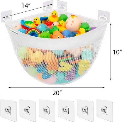 Bath Toy Storage for Bathtub – Large Bath Toy Holder & Bath Toy Net, Kids Bathtub Toy Storage Bag Organizer with 6 Strong Adhesive Hooks, Quick-Dry Mesh Bathroom Toy Holder Basket for Tub & Shower