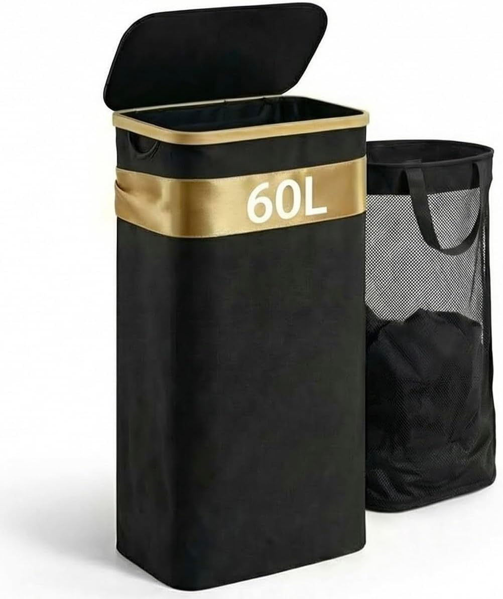 Slim Laundry Hamper with Lid, 60L Capacity, Bamboo Handles, and Steel Ring Removable Inner Bag - Collapsible Clothes Basket Laundry Organizer for Bedroom, Bathroom, Dorm, Black